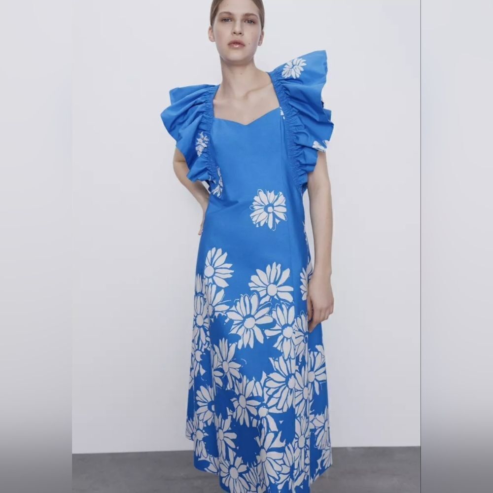 Zara Printed Poplin Floral‎ Midi Dress